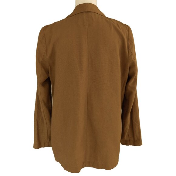 Old Navy Linen Blazer Tan Minimal Classic Academia Mustard Long Jacket Coat - Picture 2 of 8
